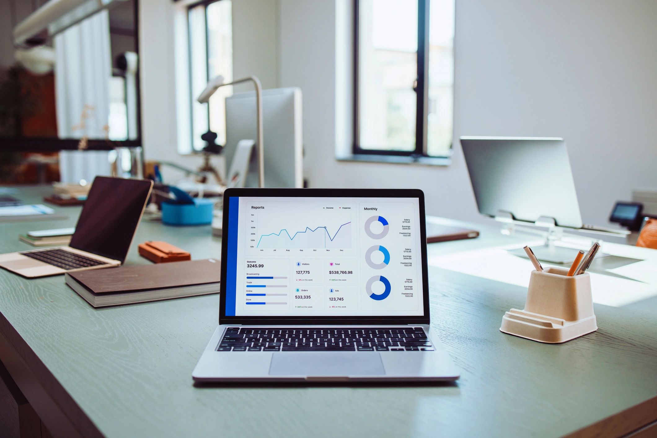 Laptop screens showing business analytics in a modern workspace