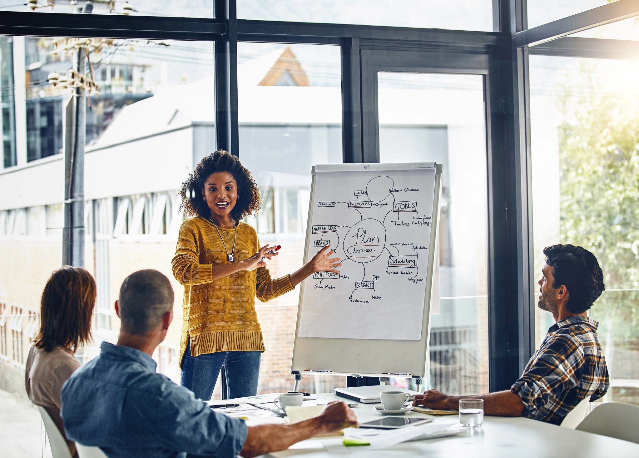 Consultant presenting marketing strategy to a team